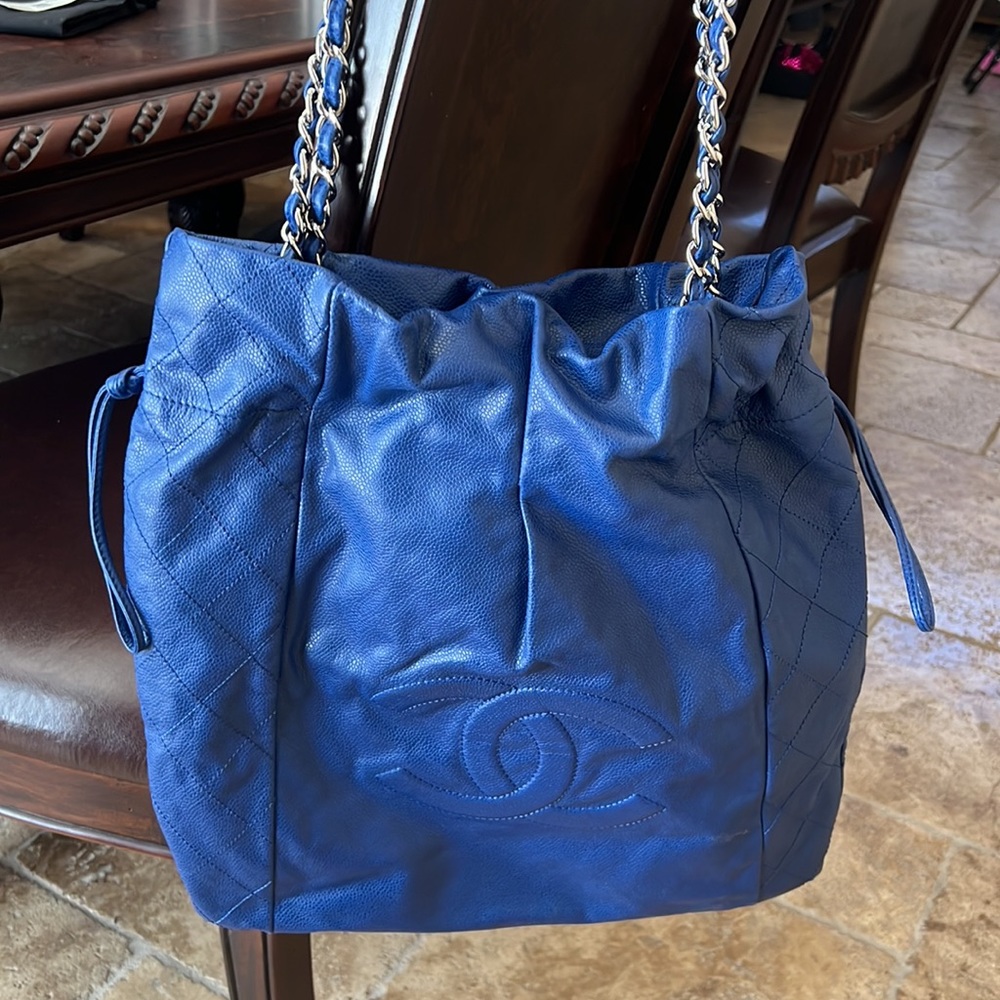 Chanel blue quilted tote bag silver hardware